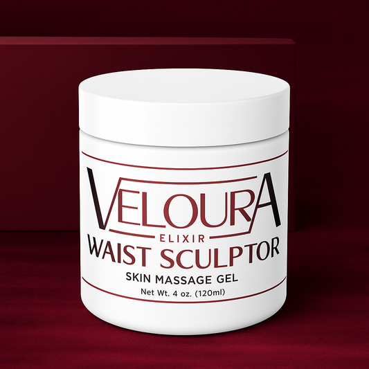 Jar of Veloura Waist Sculptor skin massage gel on a red background