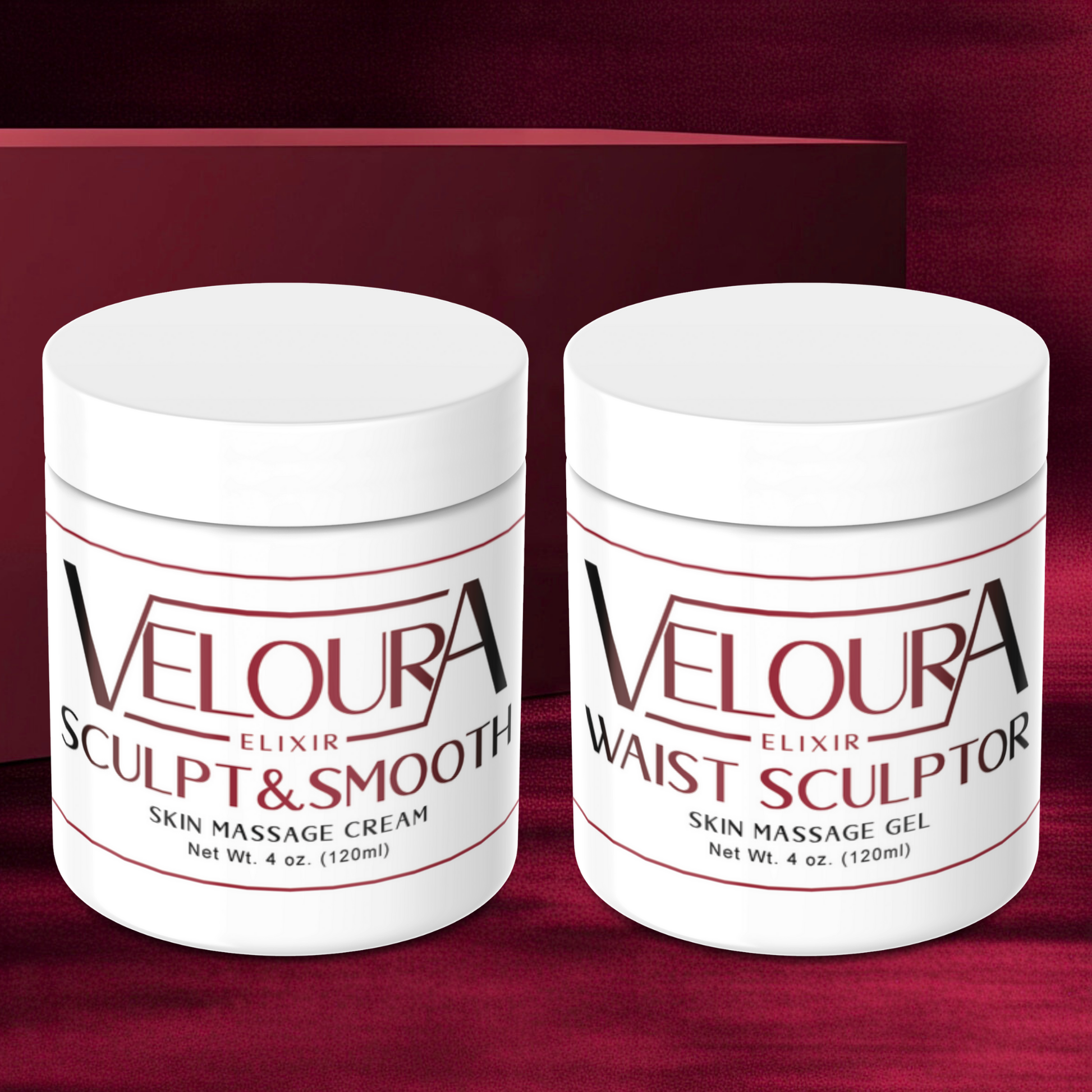 Two containers of Veloura products on a red background