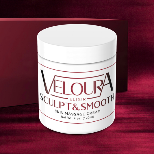 Veloura Sculpt & Smooth skin massage cream jar on a red background
