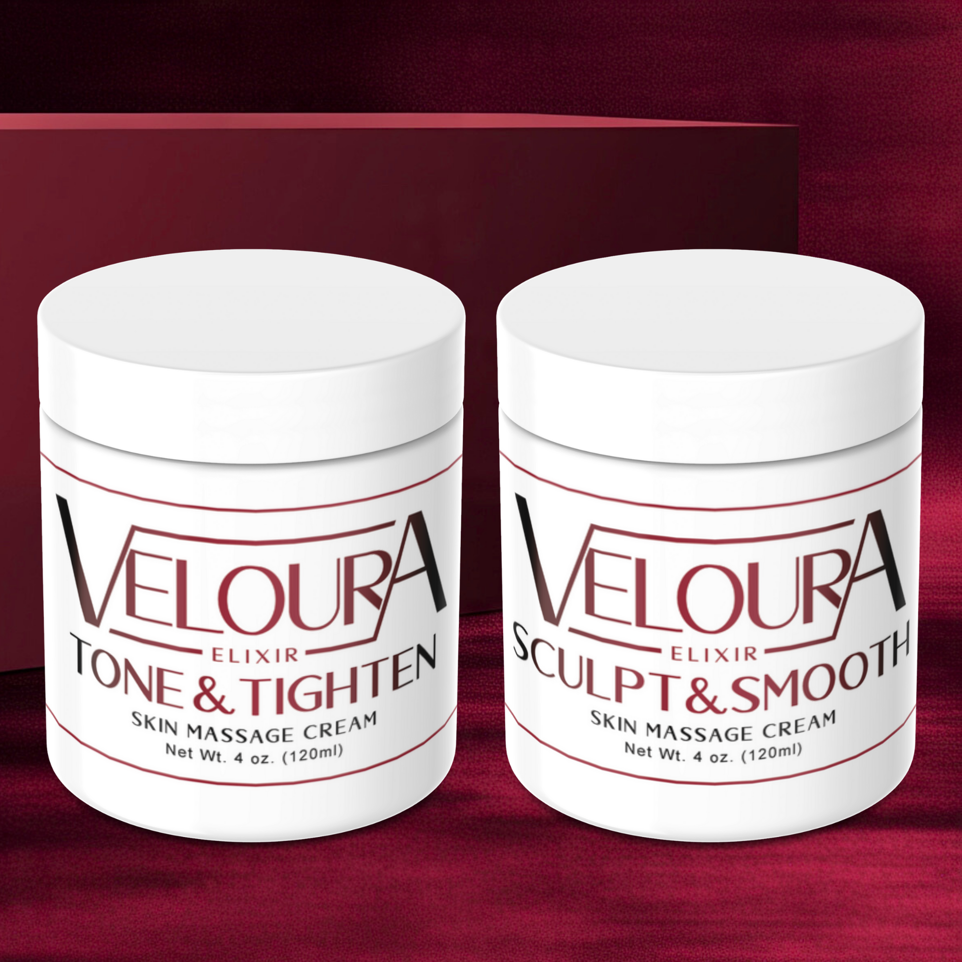Two containers of Veloura skin massage cream on a red background