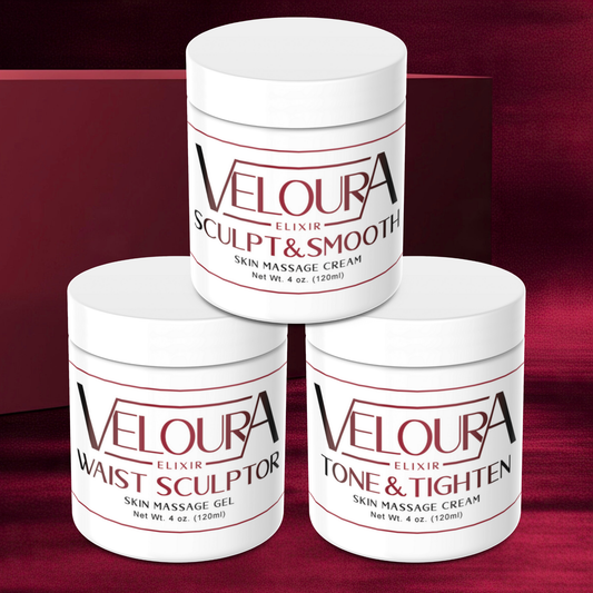 Three containers of Veloura skincare products on a red background